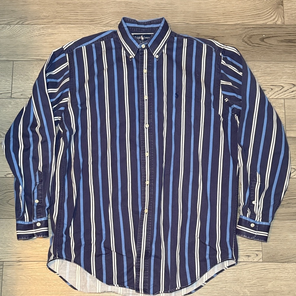 Vintage 90s Ralph Lauren Men's Button Up Blue Striped Medium Big & Tall Oxford